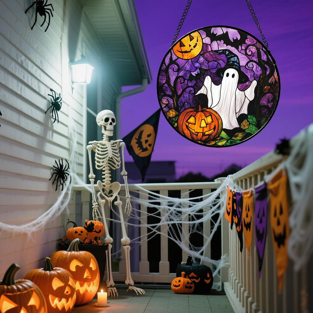 Stained Glass Window Hanging Halloween White Ghost Black Bat 6.3" - Suncatcher Door Garden Sunroom