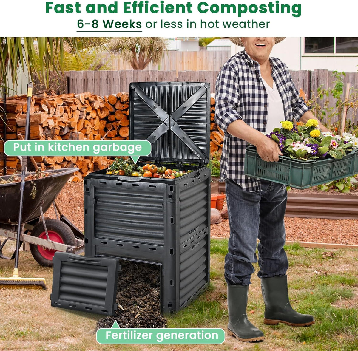 Compost Bin Outdoor, 80 Gallon Garden Compost Bin with Top Lid & Bottom Door, Aerating Outdoor