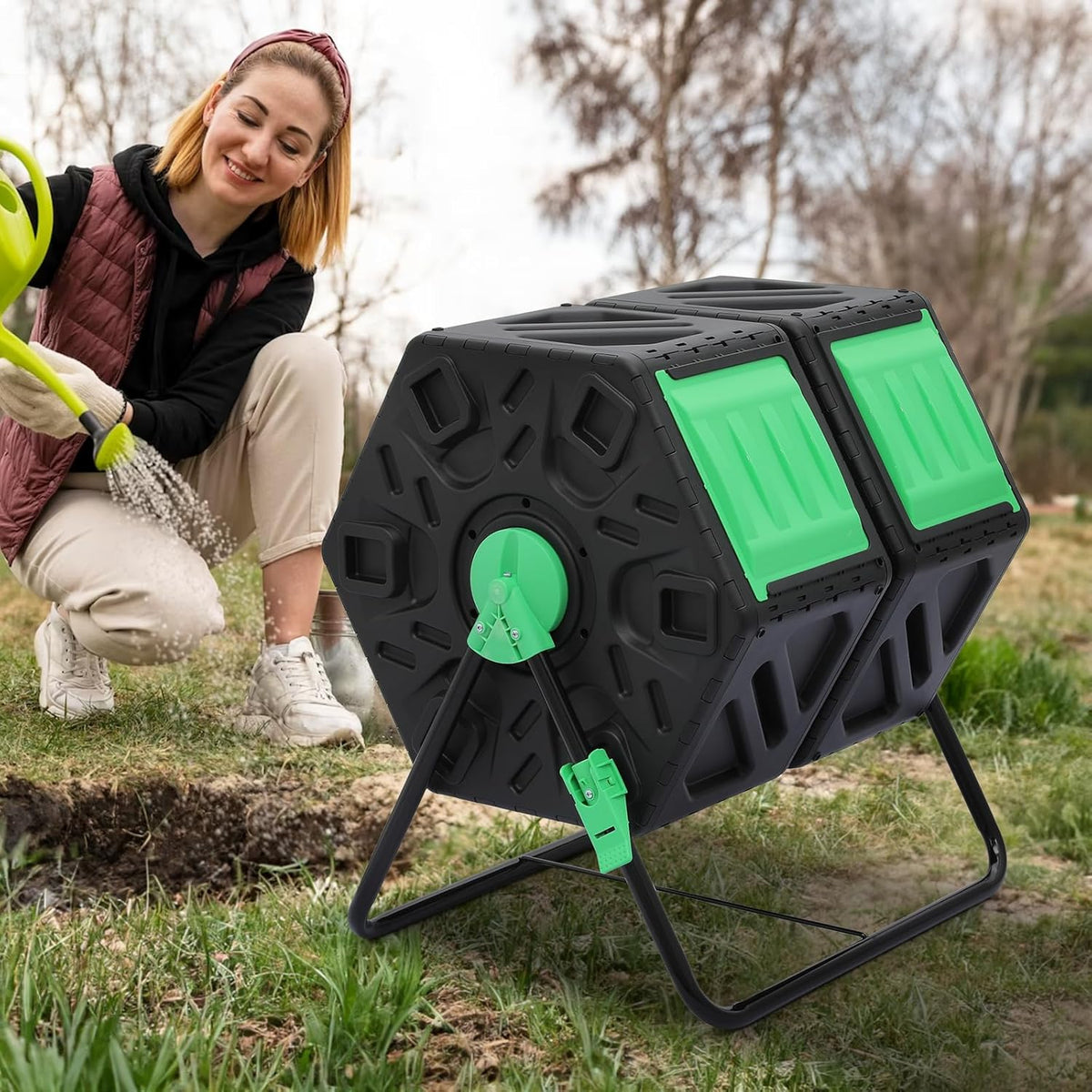 MoNiBloom 34 Gallon Compost Bins Outdoor Dual Chamber Composter Tumbler, All-Season Fast Working