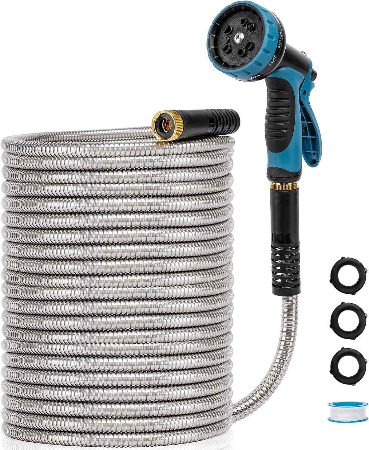 Metal Garden Hose 100 FT, Stainless Steel Hose, Water Hose with 10 Function Nozzle, No Kink &