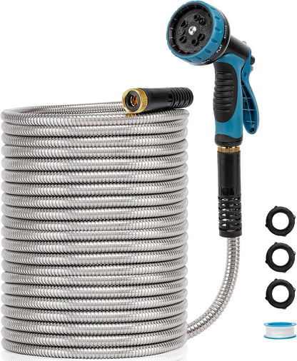 Metal Garden Hose 100 FT, Stainless Steel Hose, Water Hose with 10 Function Nozzle, No Kink &