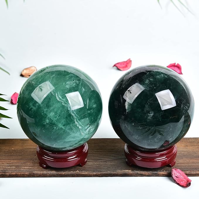 JIC Gem Large Healing Crystal Ball, Green Fluorite Crystal Sphere with Stand Crystal Decorative