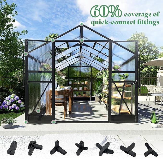 AMERLIFE 8x14x7FT Polycarbonate Greenhouse, Walk in Greenhouse with Quick-Connect System, Green