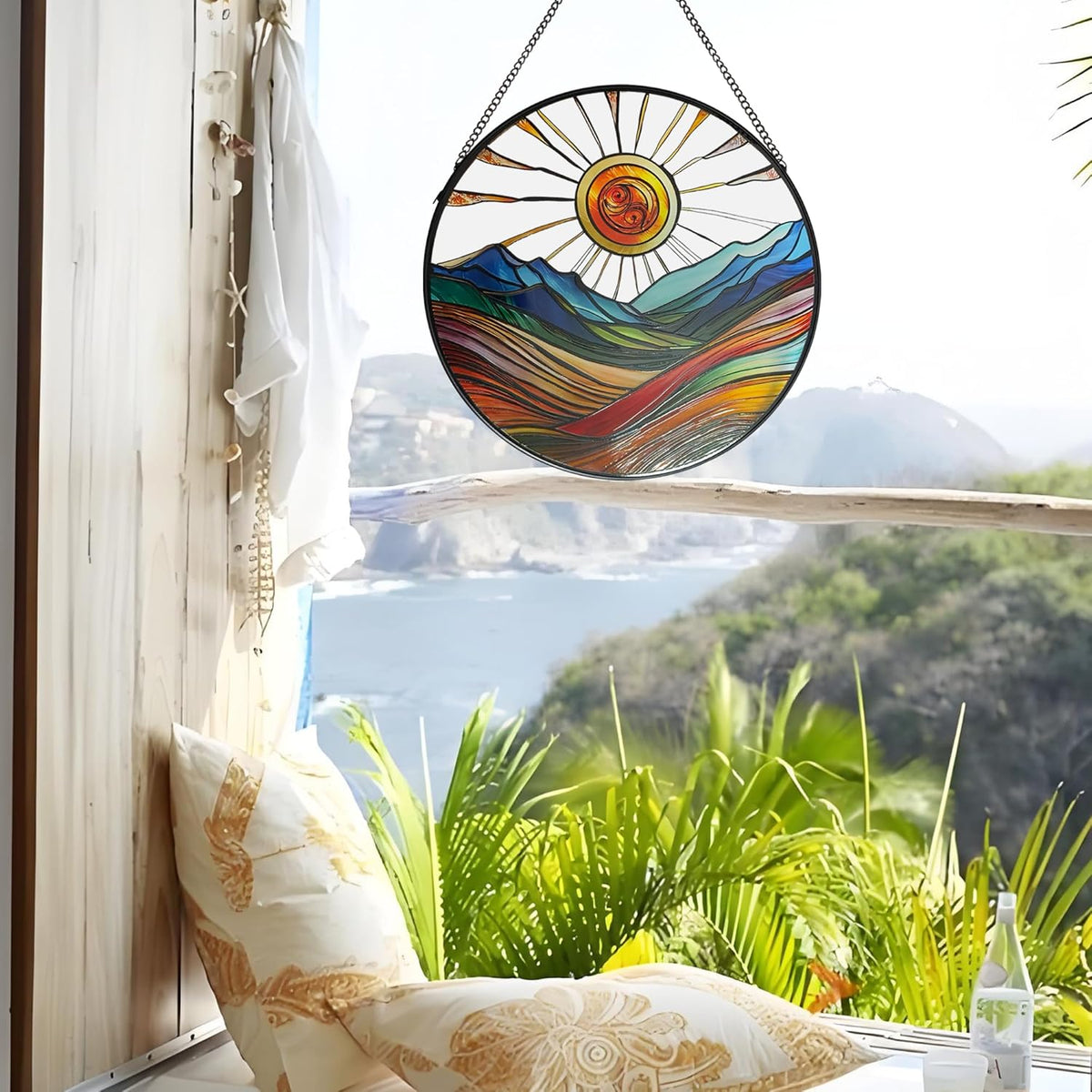 Sun Mountains Stained Glass Window Hanging, 9.8’’Sun Catcher Glass Panel Boho Wall Art Decor with