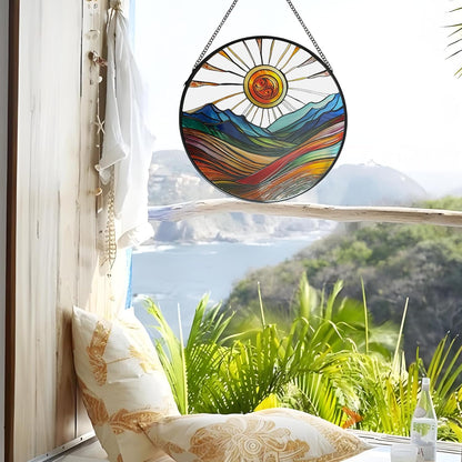 Sun Mountains Stained Glass Window Hanging, 9.8’’Sun Catcher Glass Panel Boho Wall Art Decor with
