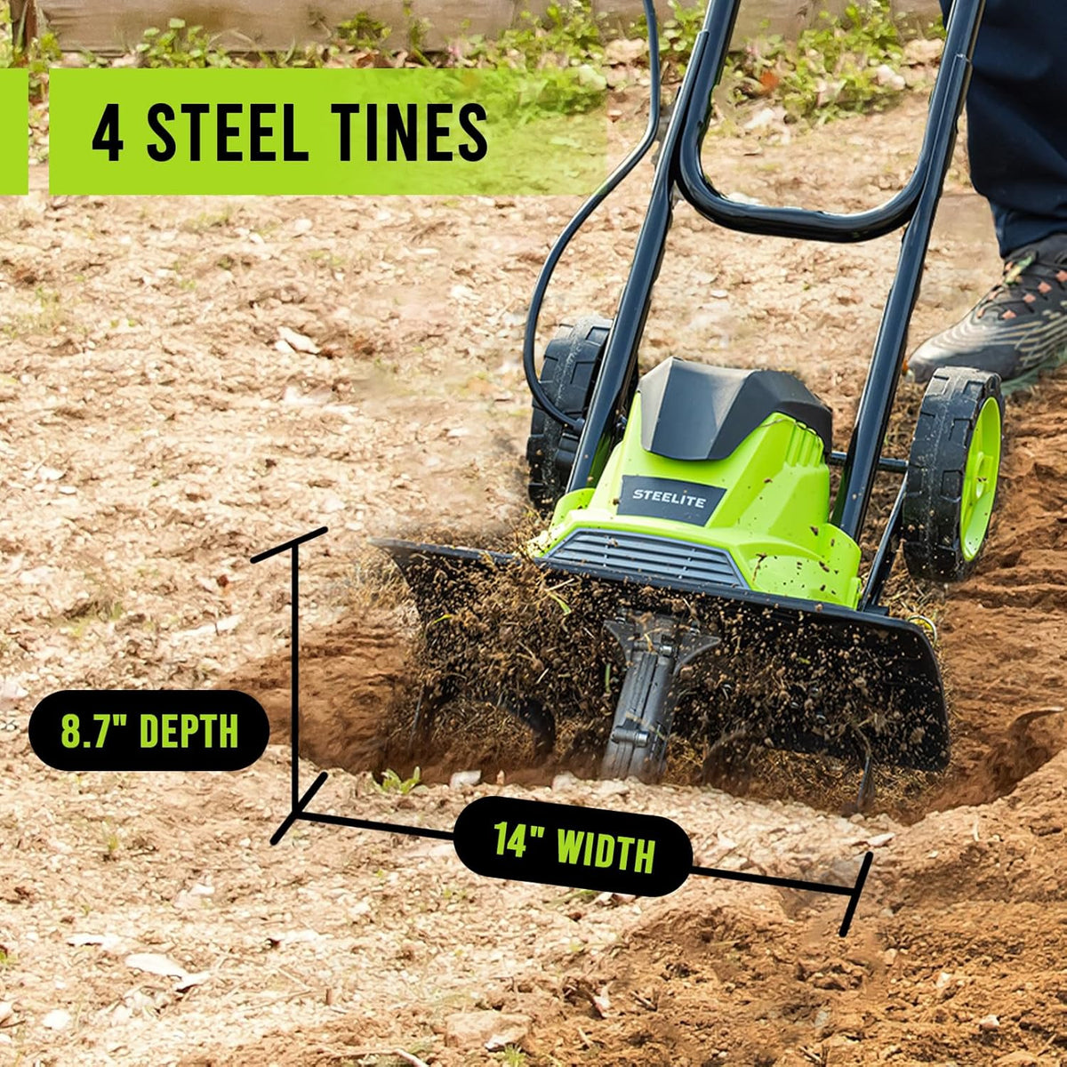 STEELITE 14-Inch Corded Electric Tiller, 10 Amp Powerful Garden Cultivator for Soil Preparation and