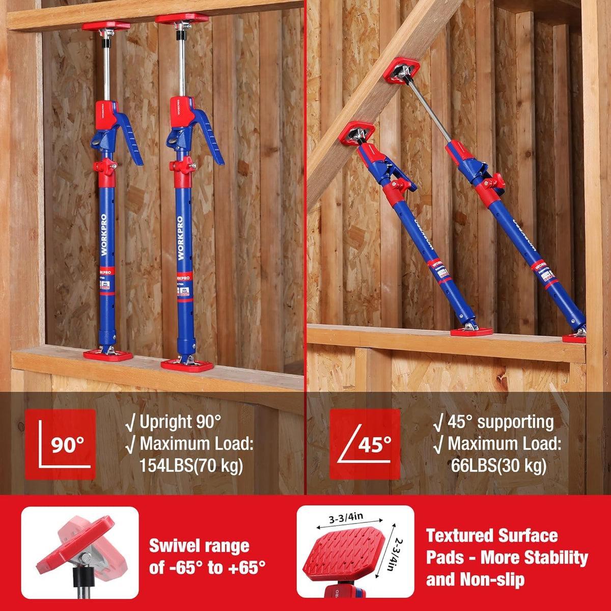 WORKPRO Cabinet Jack Support Pole, 23-5/8" to 45-1/4" Steel Telescopic Quick Support Rod Adjustable