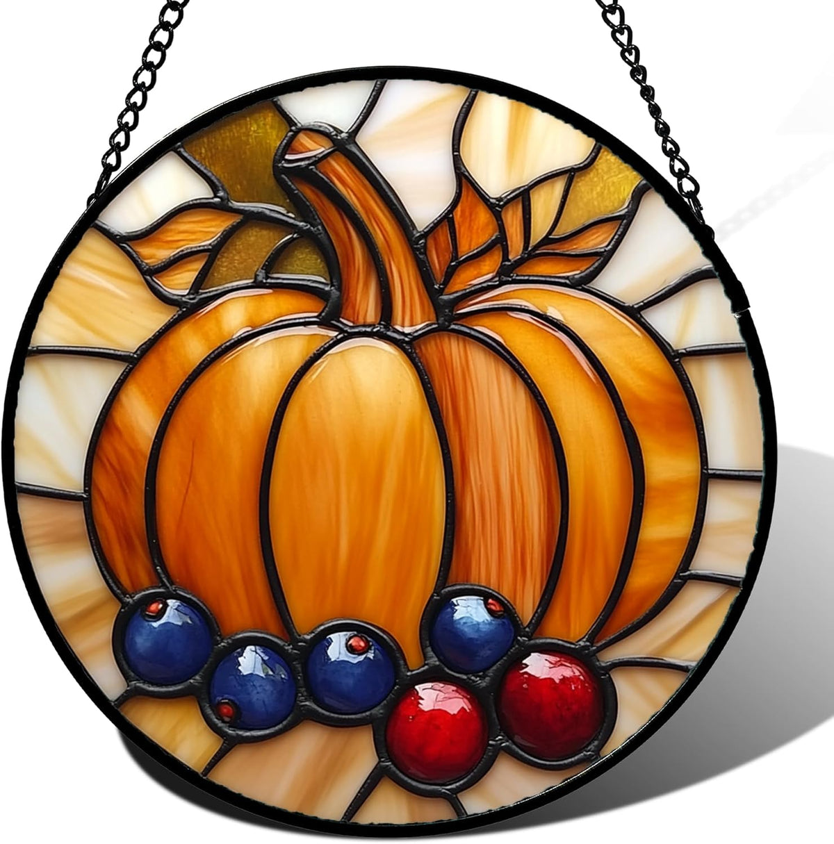 Stained Glass Window Hanging Fall Pumpkin Berries Large 15" - Suncatcher Door Garden Kitchen