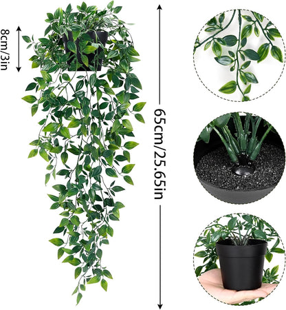 Waipfaru 2Pcs Fake Hanging Plants with Pot Deep Green Eucalyptus Leaves UV Resistant Fake Vines Ivy