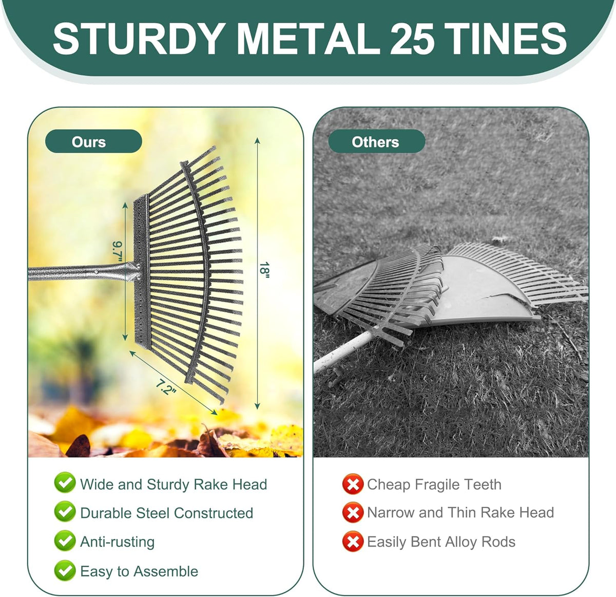 Adjustable Garden Leaf Rake Set, 18" Wide, 25 Tines, 37-79" Handle Metal Leaf Rake with 2 Pack 32