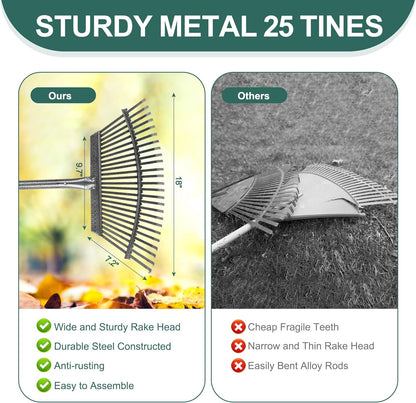 Adjustable Garden Leaf Rake Set, 18" Wide, 25 Tines, 37-79" Handle Metal Leaf Rake with 2 Pack 32