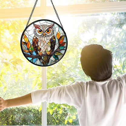 Stained Glass Window Hanging, Owl Colorful Leaves Birds Sun Catchers Diamond Glass Panel Hangings