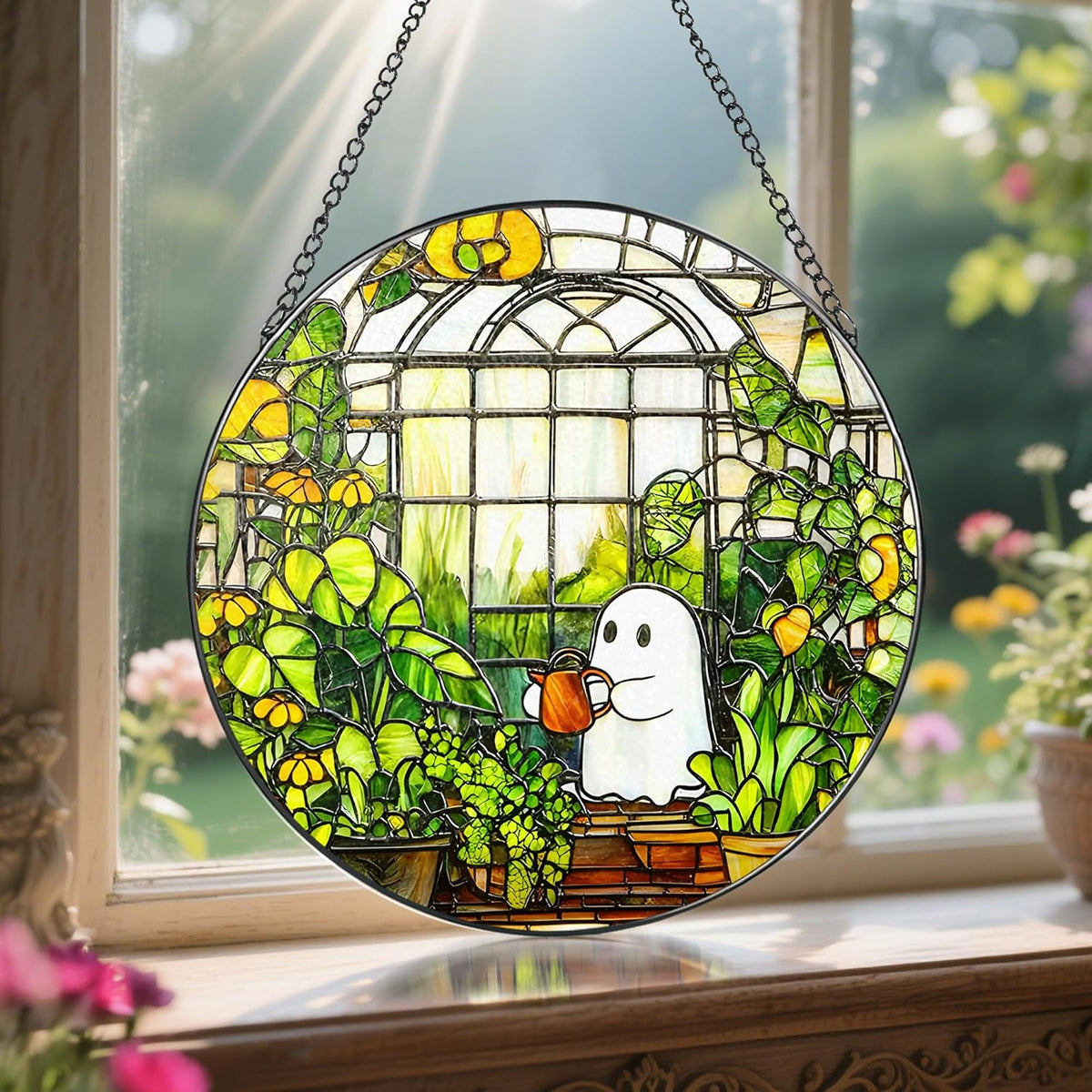 8'' Halloween Ghost Greenhouse Sun Catcher Ornament, Stained Glass Window Hanging, Sun Catchers for