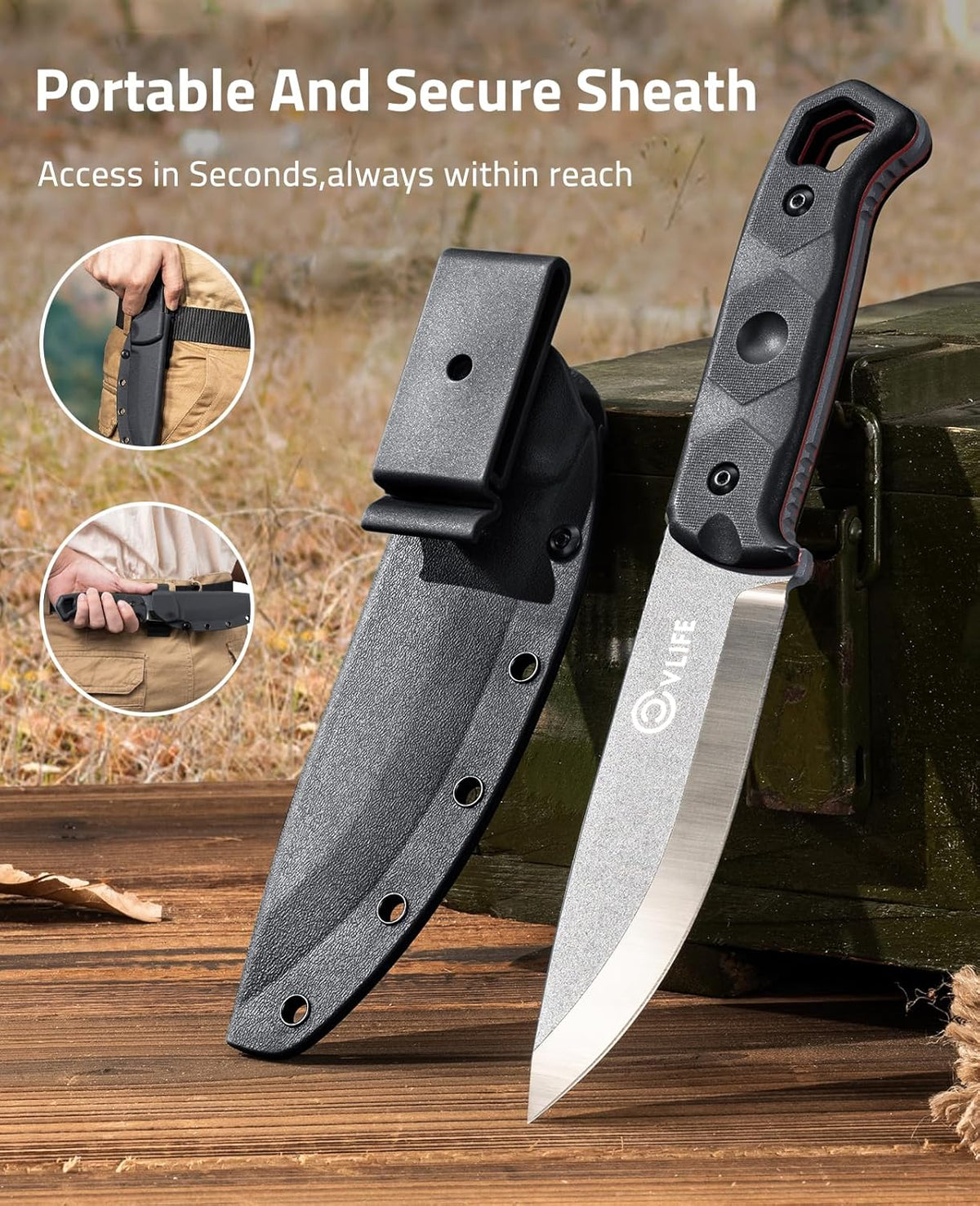 CVLIFE Full Tang Fixed Blade Knife with Sheath,Sharp Blade Made of D2 Steel with Nylon Fiberglass