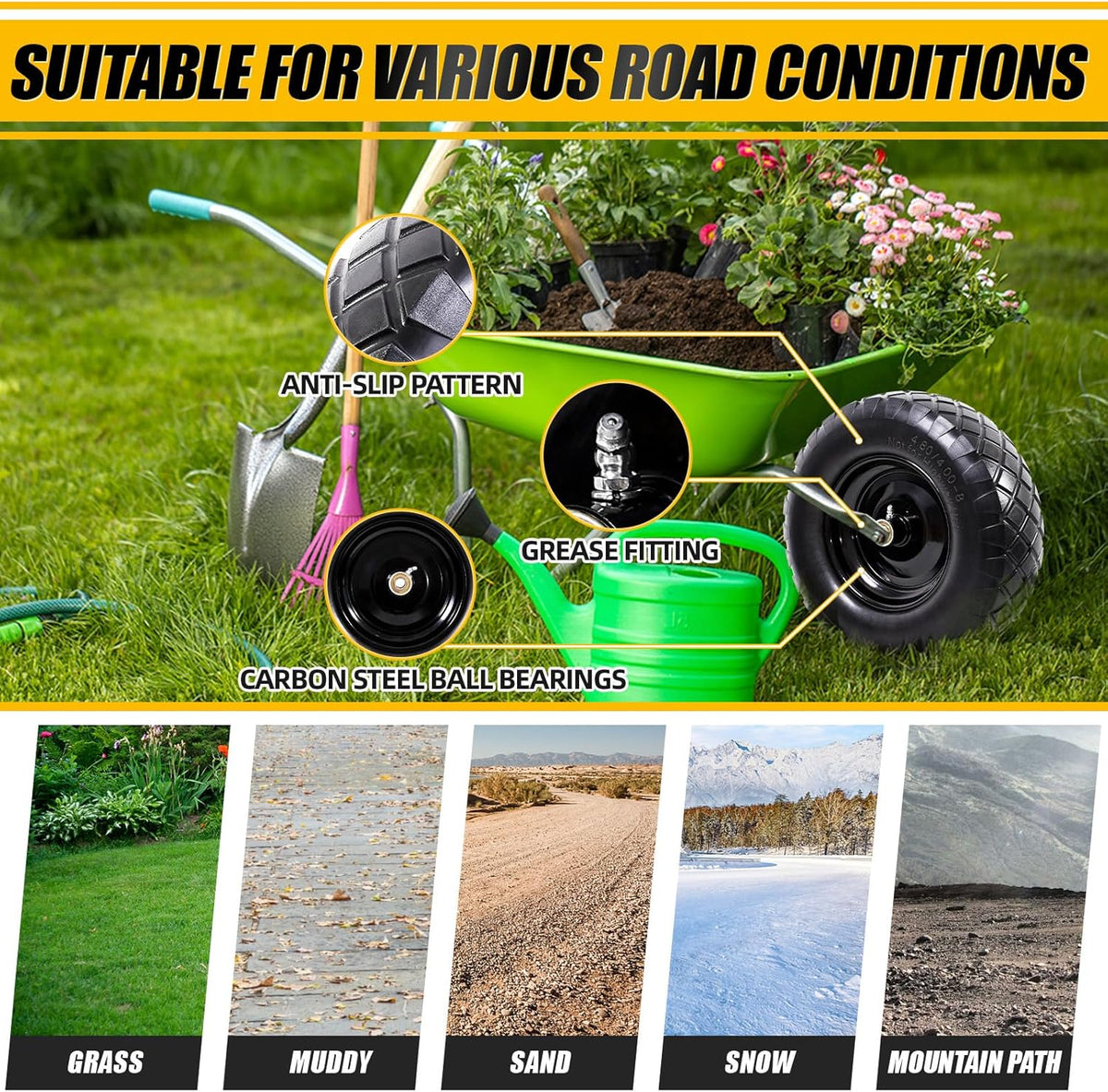 MZREXN 4.80/4.00-8" Flat Free Tire and Wheel, 16" Universal Solid Wheelbarrow Tires, with 5/8" &