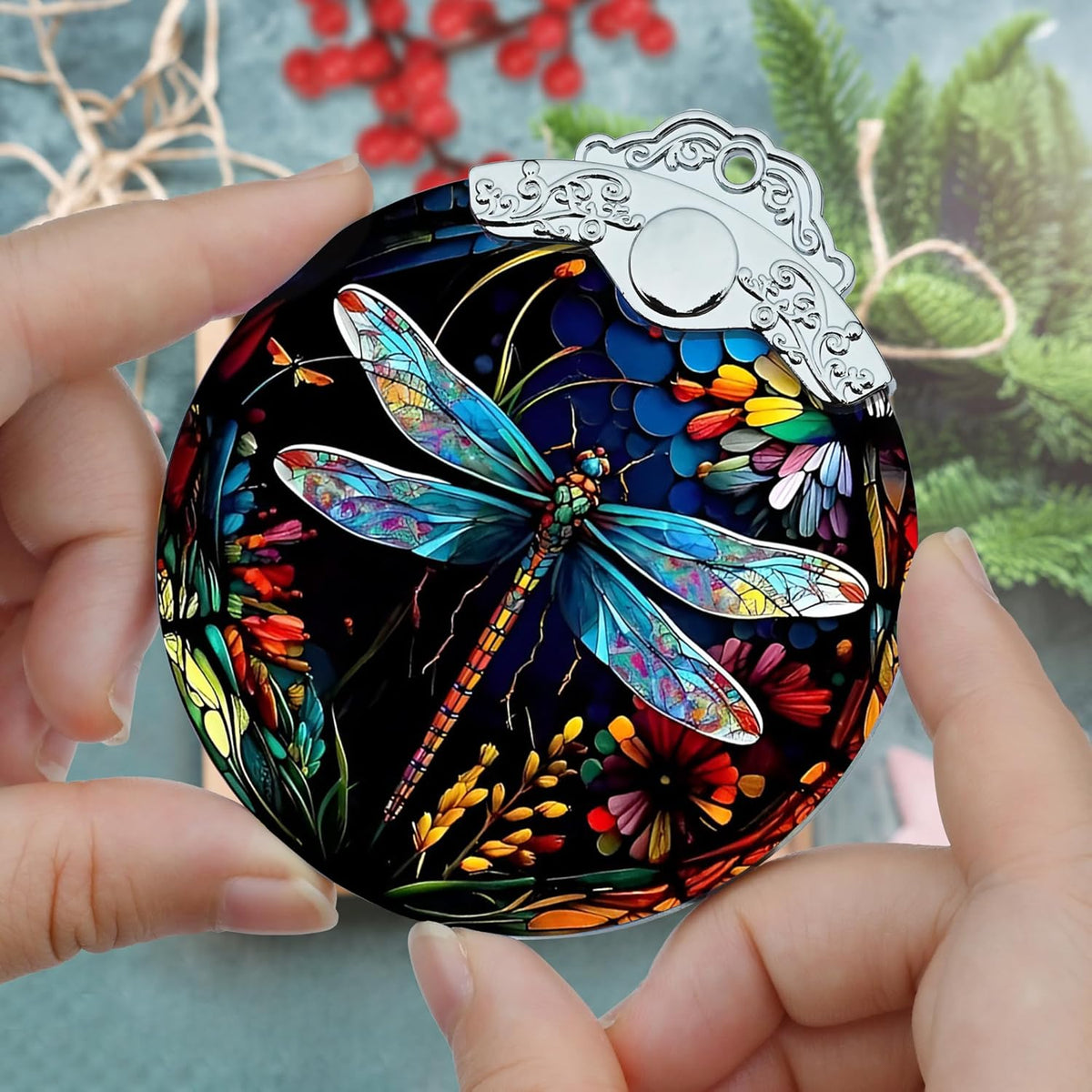 Christmas Dragonfly Ornament - Stained Glass Decor for Tree, Holiday Decorations and Xmas Gift Ideas
