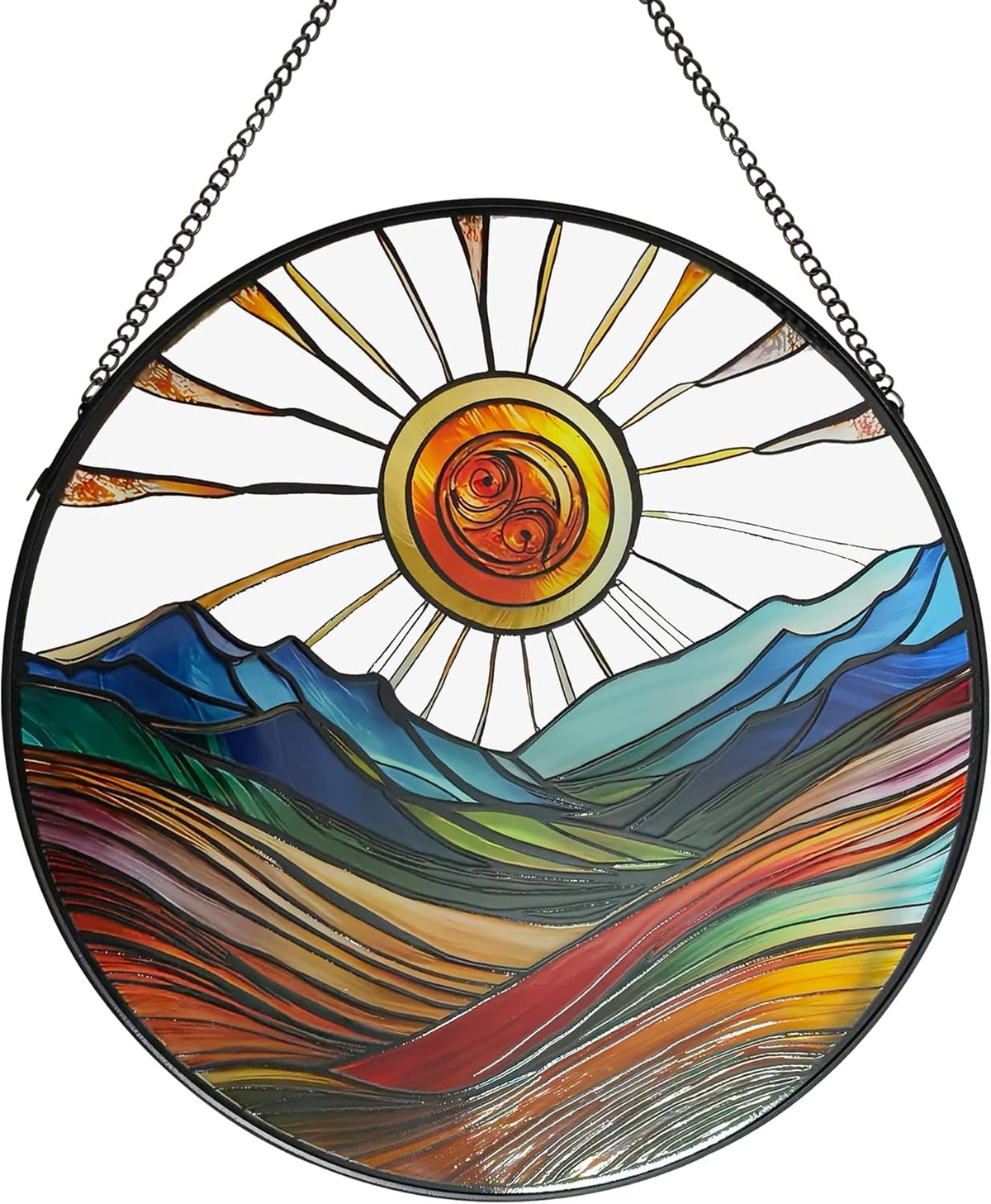Sun Mountains Stained Glass Window Hanging, 9.8’’Sun Catcher Glass Panel Boho Wall Art Decor with