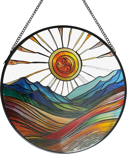 Sun Mountains Stained Glass Window Hanging, 9.8’’Sun Catcher Glass Panel Boho Wall Art Decor with