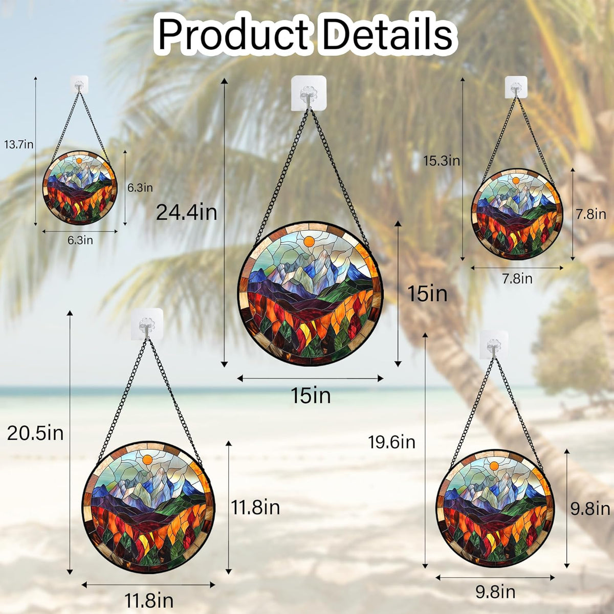 Stained Glass Window Hanging Orange Sun Colorful Mountains Landscape Large 11.8" - Suncatcher Door
