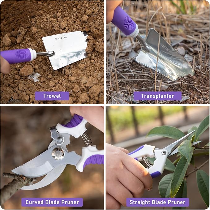 Purple Garden Tool Set Gardening Items for Women - 11PCS Heavy Duty Garden Tools with Detachable