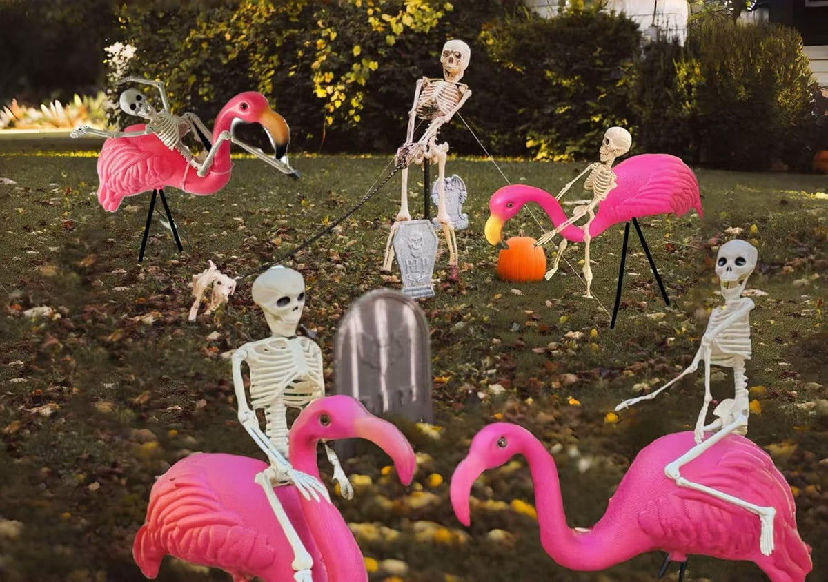 GIFTEXPRESS 8‑Piece Halloween Yard Decorations – 4 Posable 16 inch Skeletons + 4 Pink Flamingo Lawn