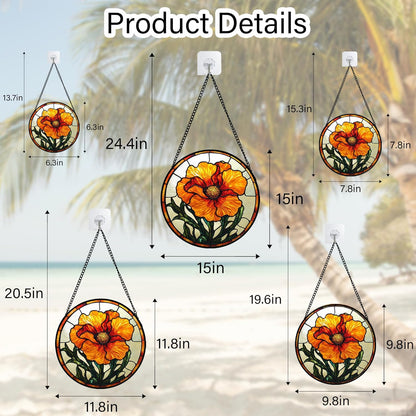 Stained Glass Window Hanging - Orange Poppy Birth Flower Suncatcher for Door Garden Yard Retro Sun
