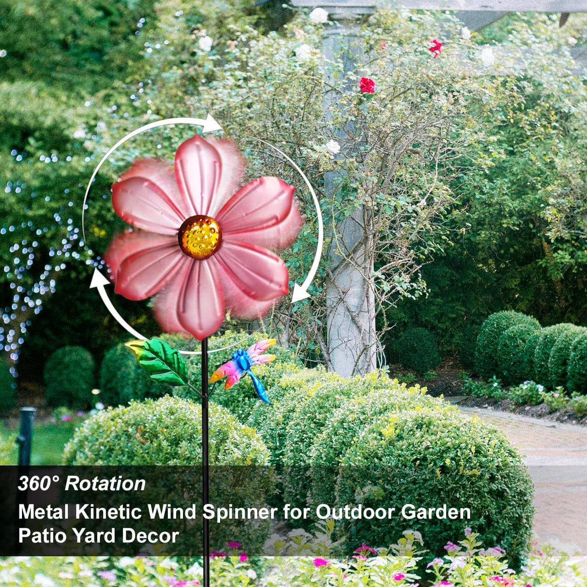 Metal Outdoor Flower Wind Spinner with Pink Floral & Gold Dragonfly, Decorative Kinetic Wind