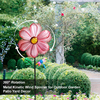 Metal Outdoor Flower Wind Spinner with Pink Floral & Gold Dragonfly, Decorative Kinetic Wind