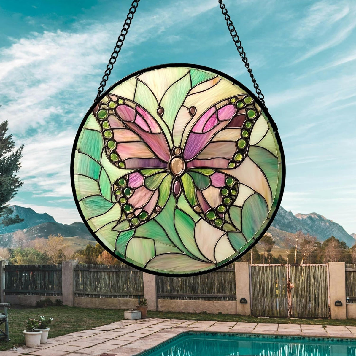 Stained Glass Window Hanging 4 Pcs Set Pink Green Insect Theme 7.8" - Butterfly Suncatcher Door