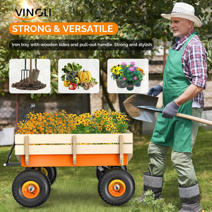 VINGLI Wagon Cart, Steel Frame and Wood Coated Railing, 330lbs All Terrain Wagon 9.2in Solid Tires