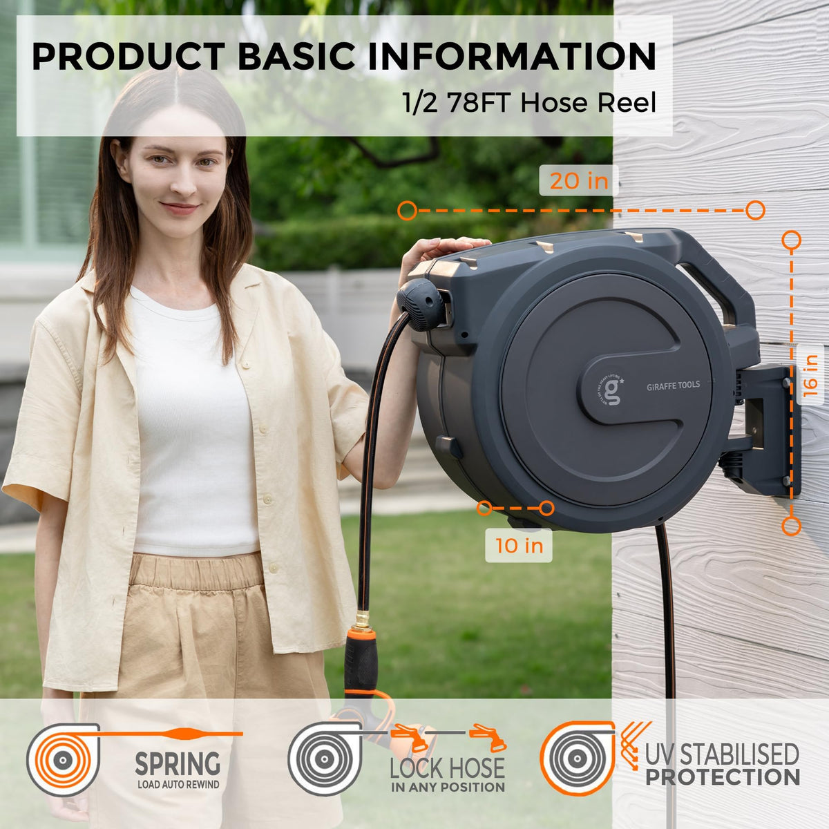 Giraffe Tools Retractable Garden Hose Reel 1/2"78FT Wall Mount Auto Rewind