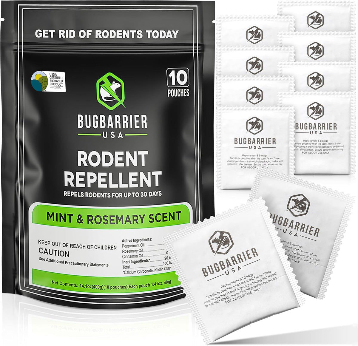 BugBarrier's Extra-Strength Mouse Repellent Deterrent Pouches, USDA 99% Biobased, Peppermint &