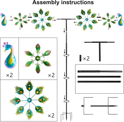 Outdoor Peacock Wind Spinners Featuring Glittering Gem Decor, 13.5" D x 65" H Double Layer Kinetic