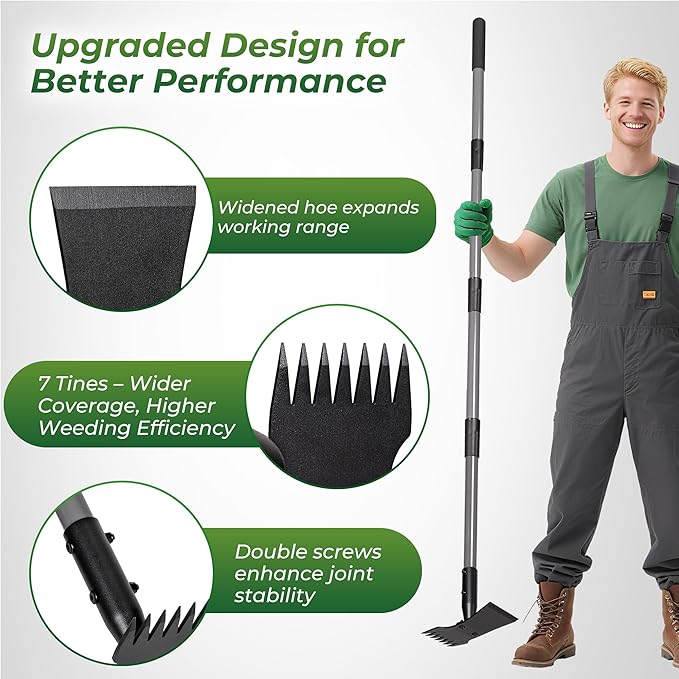 Walensee Weed Puller Tool with Long Handle, 64inch Manual Weeder Remover Tool, 7-Tines Weed Rake