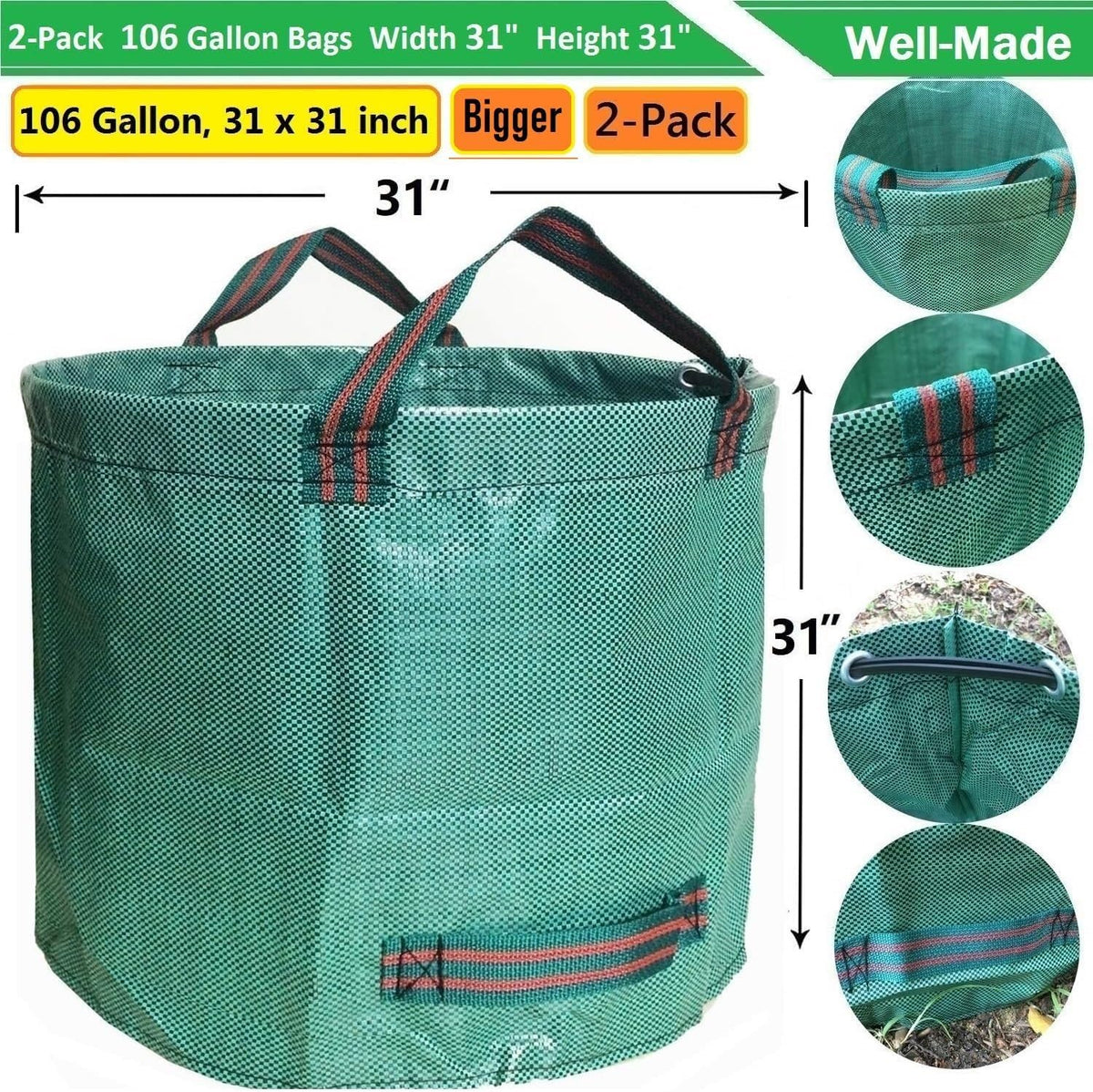 Professional 2-Pack 106 Gallon Large Lawn Garden Bags (D31, H31 in) Yard Waste Bags with Gardening