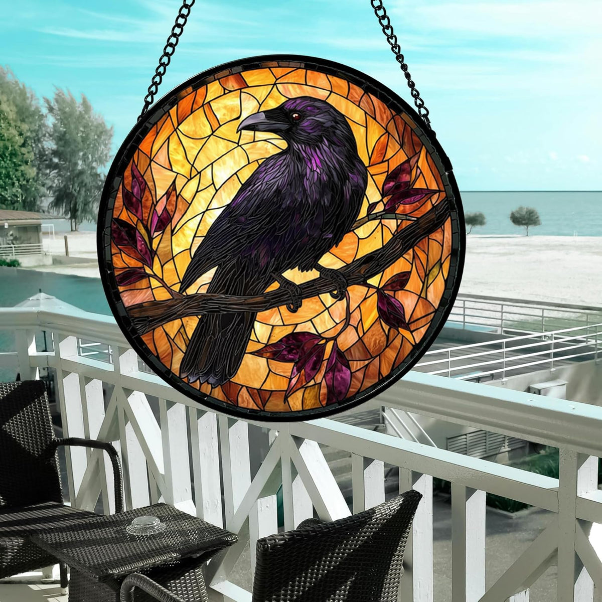Stained Glass Window Hanging - Crow on a Branch Suncatcher Ready to Hang Window Doors Home