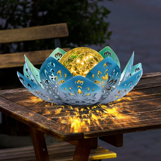 Huaxu Solar Lights Outdoor Decorative - Bright Blue Lotus Flower Table Lamp, Glass Globe 30 LED