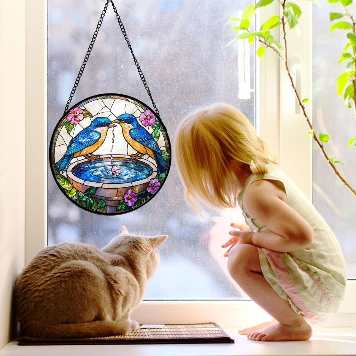Stained Glass Window Hanging, 2 Blue Birds Suncatcher Diamond Glass Panel Hangings Bird Lover Sun