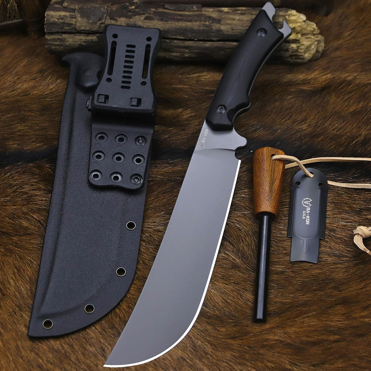 BA-KOR 5MM Full Tang (9CR18MOV) steel 14.1-inch chopping knife+K sheath&5.9-inch cerium igniter can