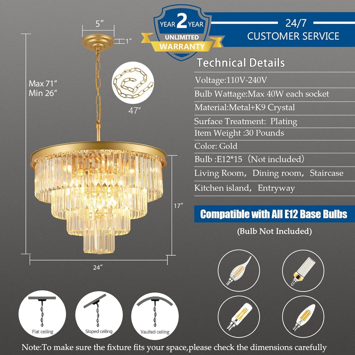 Crystal Chandeliers for Dining Room Lights Fixture Over Table, 15 Lights Gold Modern Chandeliers