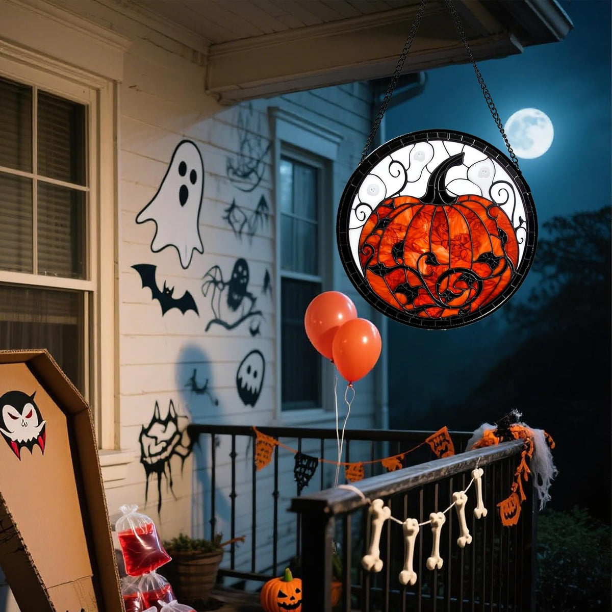 Stained Glass Window Hanging - Halloween Red White Scary Pumpkin Suncatcher for Doors Garden Home