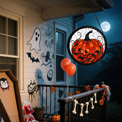 Stained Glass Window Hanging - Halloween Red White Scary Pumpkin Suncatcher for Doors Garden Home