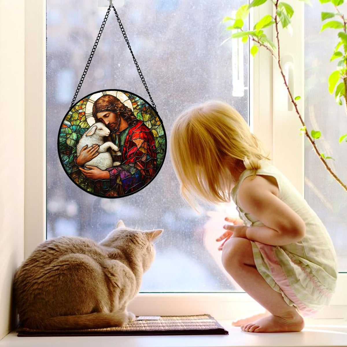 Stained Glass Window Hanging, Jesus Little Lamb Sun Catchers Colorful Glass Panel Christianity