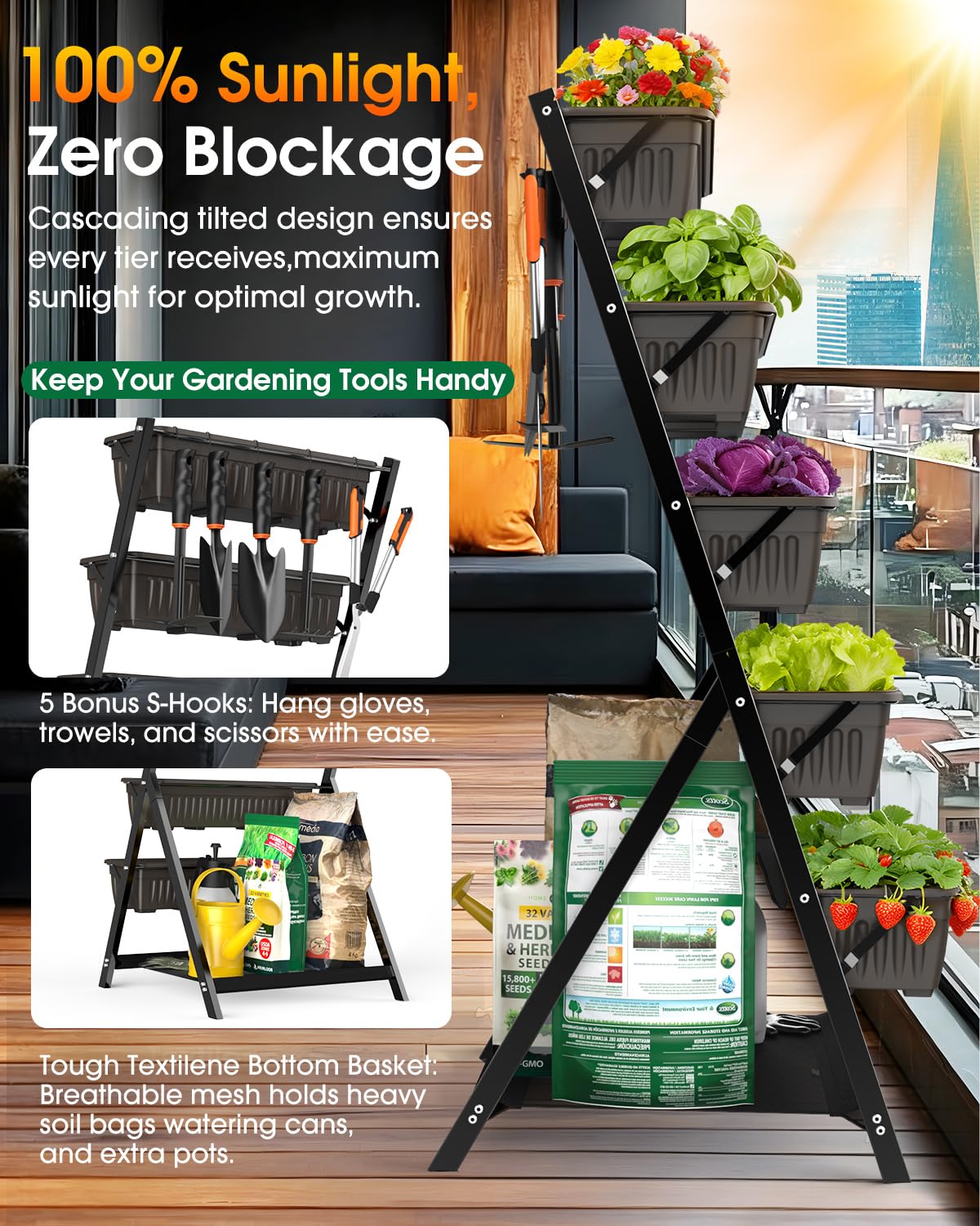 Olaiti 5-Tier Vertical Garden Bed Planter Boxes with Drainage System & Storage Space, Freestanding