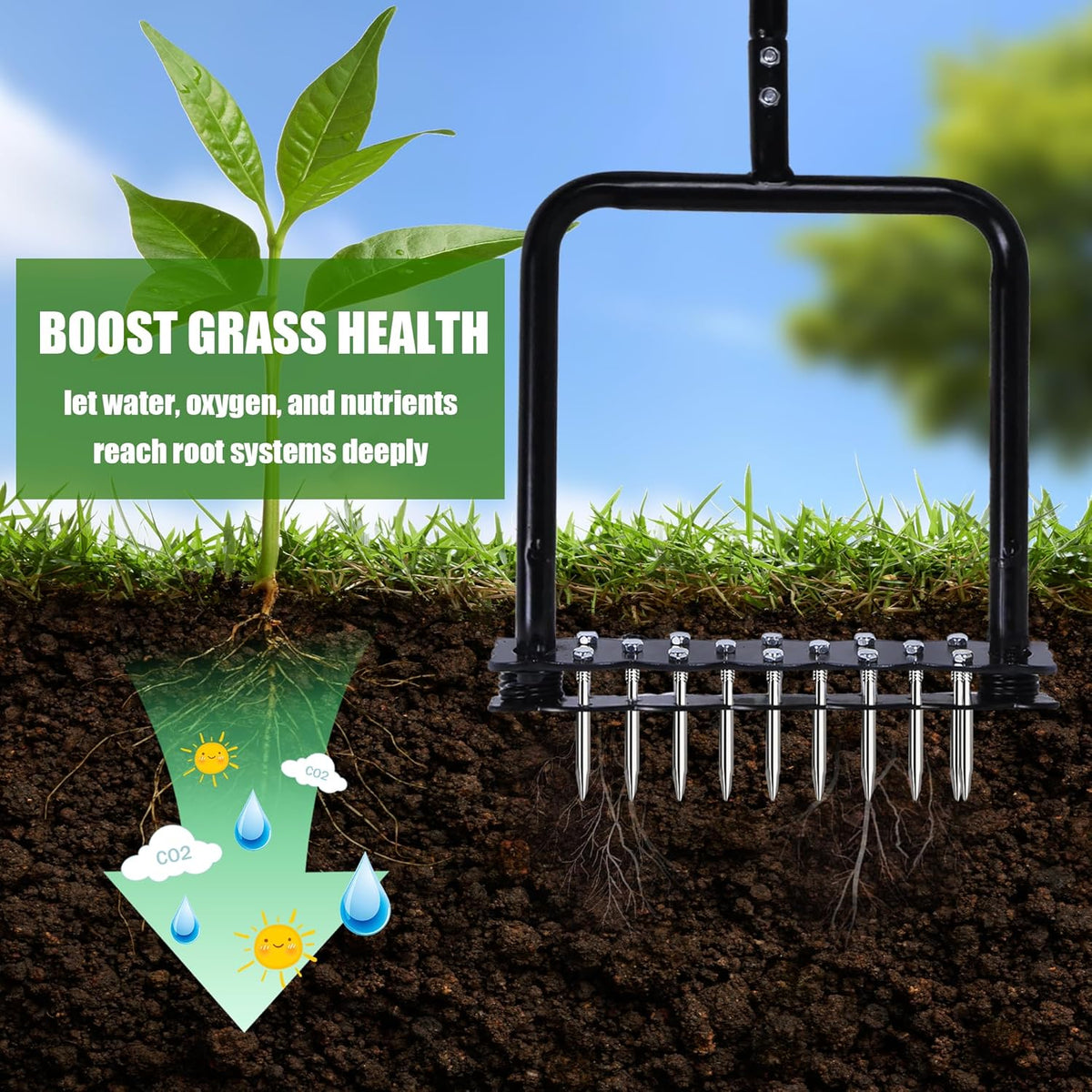 Lawn Aerator Tool, Manual Lawn Aerators with 14 Iron Spikes, Spring-Loaded Design Lawn Air Aerator