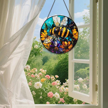 Stained Glass Window Hanging, Bee Yellow Flower Suncatcher for Doors Home Sun Catchers Decoration