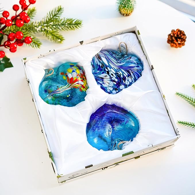 Set of 3 Handmade Glass Heart Ornaments 3.9 Inch Blue Friendship Heart Decor for Garden Home