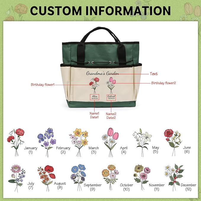 Personalized Garden Tools Set for Women: Custom Text Garden Tool Bag and Garden Shovel & Transplant