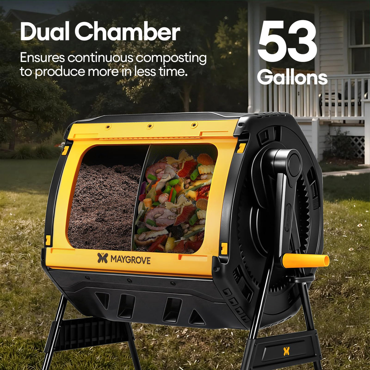 Maygrove Outdoor Compost Bin 53 Gallon, Dual Chamber Large Compost Tumbler for Garden Backyard