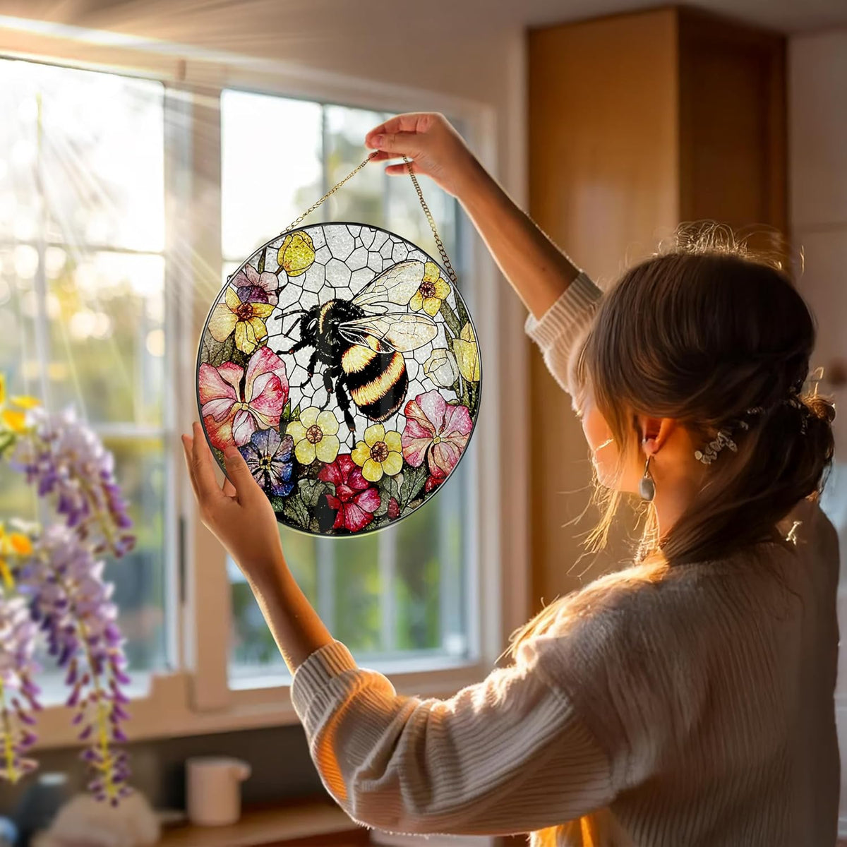 Stained Glass Window Hanging, 8 Inch Bee Stained Glass Ornament, Suncatchers for Windows Hanging